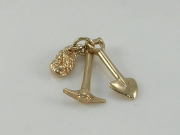 Vintage 3D 9ct Gold Mining Pick, Shovel & Nugget Charm Pendant H/MK 1979