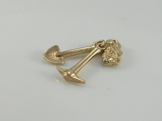 Vintage 3D 9ct Gold Mining Pick, Shovel & Nugget Charm Pendant H/MK 1979