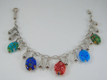 Vintage Sterling Silver Millefiori Glass & Droplet Bracelet H/MK