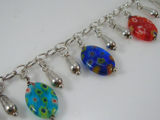 Vintage Sterling Silver Millefiori Glass & Droplet Bracelet H/MK