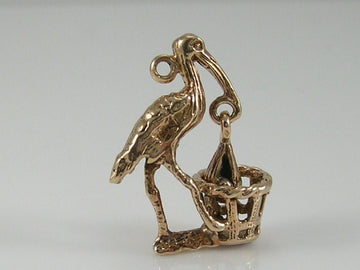 Vintage Movable 3D 9ct Gold Stork & Baby Charm.H/MK 1977