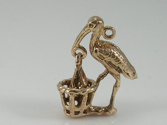 Vintage Movable 3D 9ct Gold Stork & Baby Charm.H/MK 1977