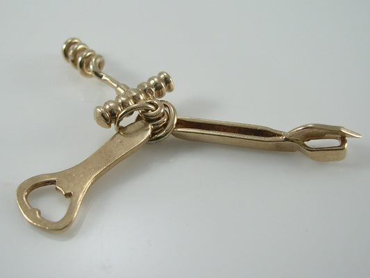 Vintage 3D 9ct Gold Bottle Opener, Corkscrew & Tin Opener Charm H/MK 1963