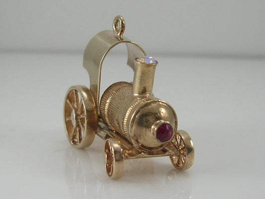 Vintage Large 3D 9ct Gold Movable Steam Train Engine Charm H/MK 1969
