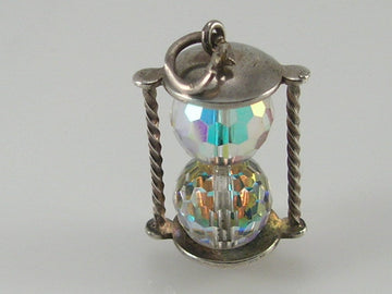 Vintage 3D sterling silver aurora borealis glass hour glass/egg timer charm