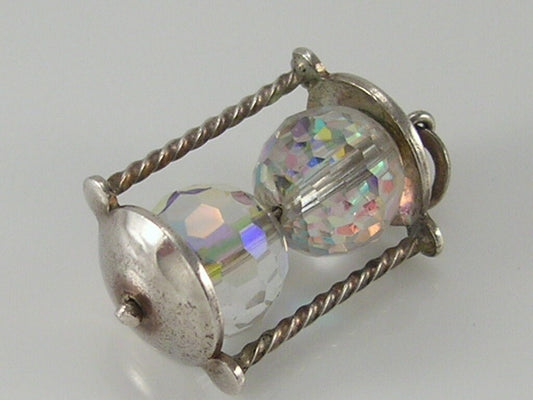 Vintage 3D sterling silver aurora borealis glass hour glass/egg timer charm