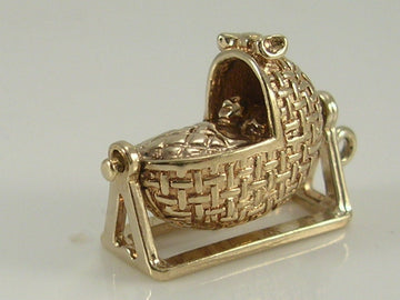 Vintage 3D 9ct Gold Movable Baby In Basket Crib Charm H/MK 1966