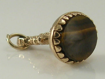 Vintage 3D 9ct Gold Tigers Eye Fob Charm Pendant H/MK 1970