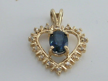 Vintage 14K Ct Gold Sapphire and Diamond Heart Pendant
