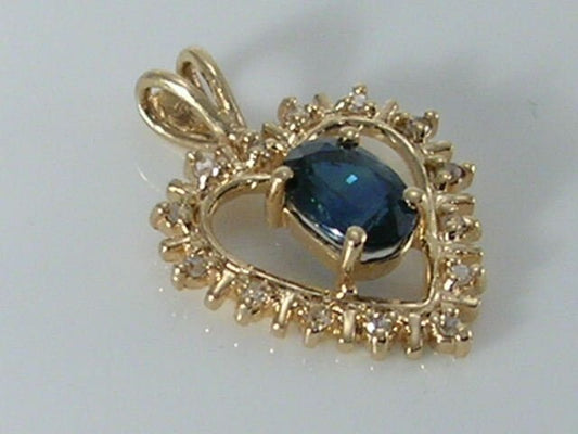 Vintage 14K Ct Gold Sapphire and Diamond Heart Pendant