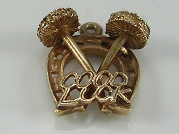 Vintage 9ct Gold Good Luck Horseshoe Chimney Sweep Brushes  Wedding Charm   H/MK 1966