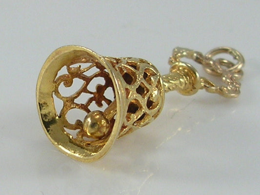 Vintage 3D 9ct Gold Ornate Hand Bell Charm Pendant H/MK