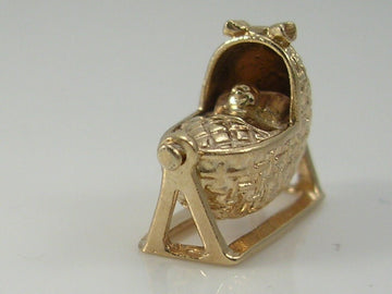 Vintage 3D 9ct Gold Movable Baby In Basket Crib Charm H/MK
