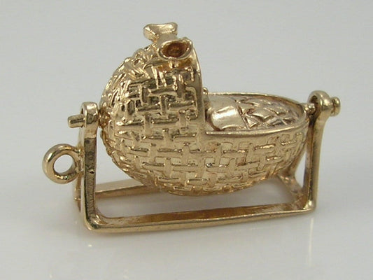 Vintage 3D 9ct Gold Movable Baby In Basket Crib Charm H/MK