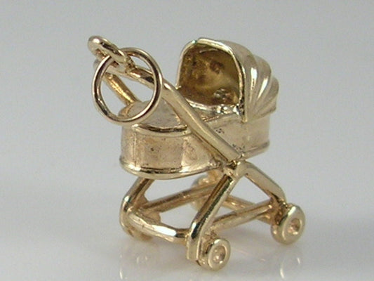 Vintage 3D 9ct Baby In Buggy/Pushchair/Pram Charm Pendant H/MK 1994