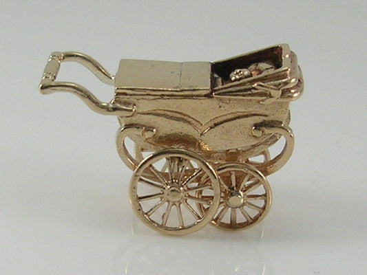 Vintage 3D 9ct Baby In Movable Pram Charm H/MK 1964