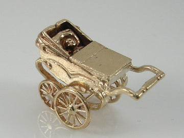 Vintage 3D 9ct Baby In Movable Pram Charm H/MK 1964