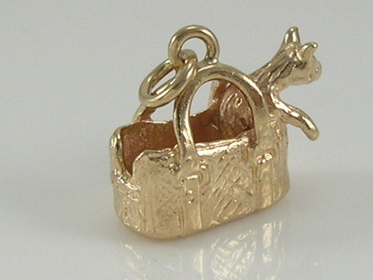 Vintage 3D 9ct Gold Cat In Carry Handbag Charm Pendant  H/MK 1975