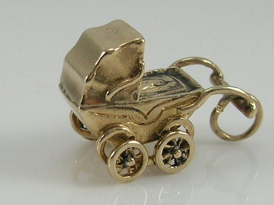 Vintage 3D 9ct Baby In Movable Pram Charm H/MK 1963