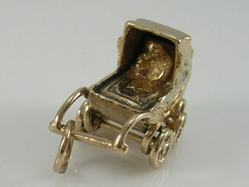 Vintage 3D 9ct Baby In Movable Pram Charm H/MK 1963