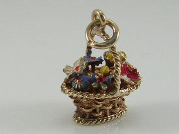 Vintage 3D 9ct Gold Basket of Flowers Charm Pendant  H/MK 1965