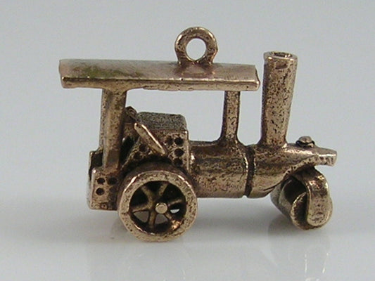 Vintage 3D 9ct Gold Movable Steam Roller Charm Pendant