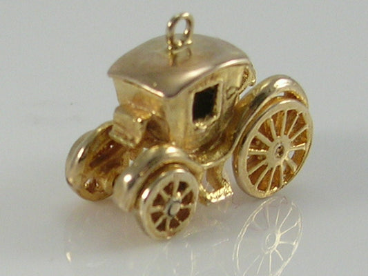 Vintage 3D 9ct Gold Carriage Charm Pendant...Movable Wheels Turn