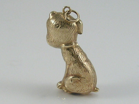Vintage 3D 9ct Gold Sitting Sad Eyed Dog Charm Pendant  H/MK 1967