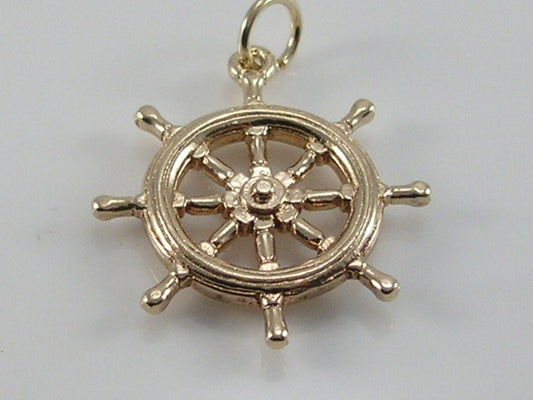 Vintage 3D 9ct Gold Ships Wheel Charm Pendant H/MK 1967