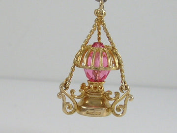 Vintage 3D 9ct Gold Pink Crystal Oil Lamp Lantern Charm Pendant  H/MK   RP