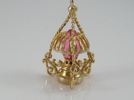 Vintage 3D 9ct Gold Pink Crystal Oil Lamp Lantern Charm Pendant  H/MK   RP