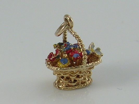 Vintage 3D 9ct Gold Basket of Flowers Charm Pendant  H/MK 1965