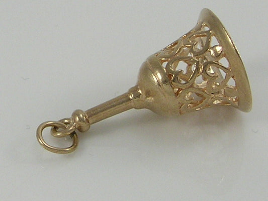 Vintage 3D 9ct Gold Ornate Heart Design Hand Bell Charm Pendant H/MK 1973