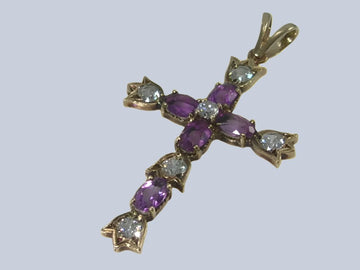 Vintage 9ct Gold Amethyst & Cubic Zirconia CZ Cross Pendant H/MK