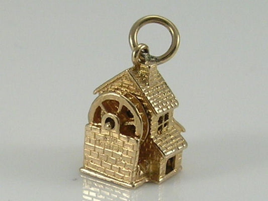 Vintage 3D 9ct Gold Water Mill Charm Pendant...Movable Wheel H/MK 1973