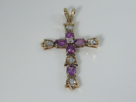 Vintage 9ct Gold Amethyst & Cubic Zirconia CZ Cross Pendant H/MK