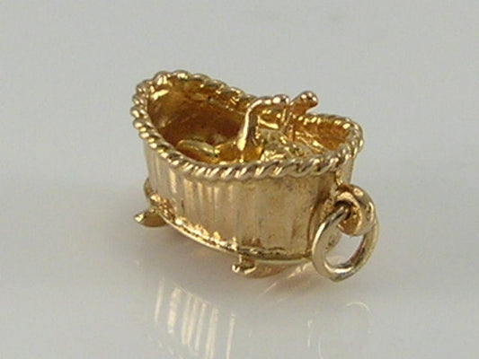 Vintage 3D 9ct Gold Baby In Basket Crib Charm H/MK