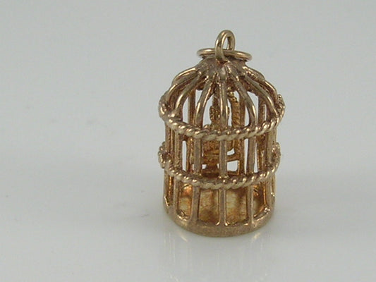 Vintage 3D 9ct Gold Movable Bird in Bird Cage Charm H/MK 1966