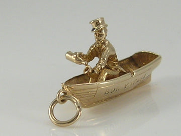 Vintage 3D 9ct Gold Bon Voyage Man In Rowing Boat Drinking To Celebrate Charm Pendant H/MK 1969