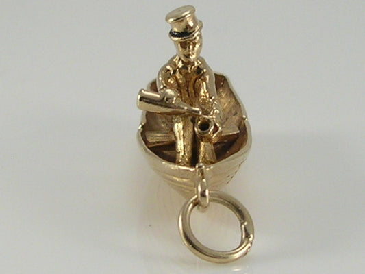 Vintage 3D 9ct Gold Bon Voyage Man In Rowing Boat Drinking To Celebrate Charm Pendant H/MK 1969