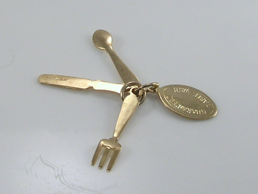 Vintage 3D 9ct Gold Fork, Knife and Spoon Charm Pendant  H/MK 1975