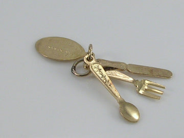 Vintage 3D 9ct Gold Fork, Knife and Spoon Charm Pendant  H/MK 1975
