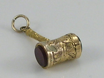Vintage Victorian 3D 9ct Gold Auctioneer Gavel Mallet Bloodstone & Carnelian Charm Pendant