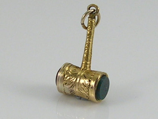 Vintage Victorian 3D 9ct Gold Auctioneer Gavel Mallet Bloodstone & Carnelian Charm Pendant