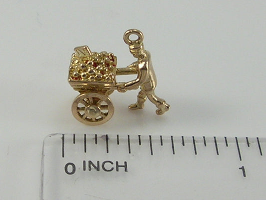 Vintage 3D 9ct Gold Market Trader Man Movable Fruit & Vegetables Barrow Charm Pendant H/MK 1960