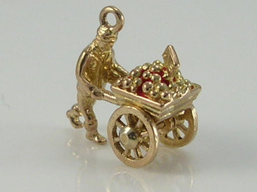Vintage 3D 9ct Gold Market Trader Man Movable Fruit & Vegetables Barrow Charm Pendant H/MK 1960