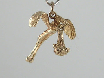 Vintage Movable 3D 9ct Gold Stork & Baby Charm H/MK