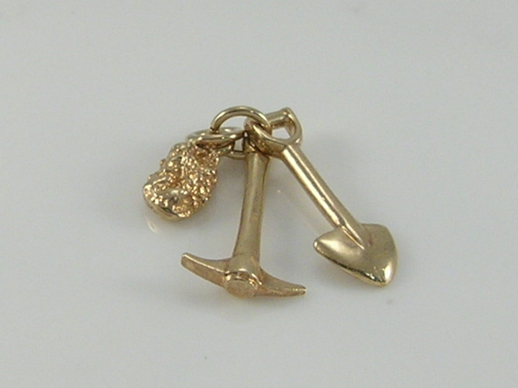 Vintage 3D 9ct Gold Mining Pick, Shovel & Nugget Charm Pendant H/MK 1979