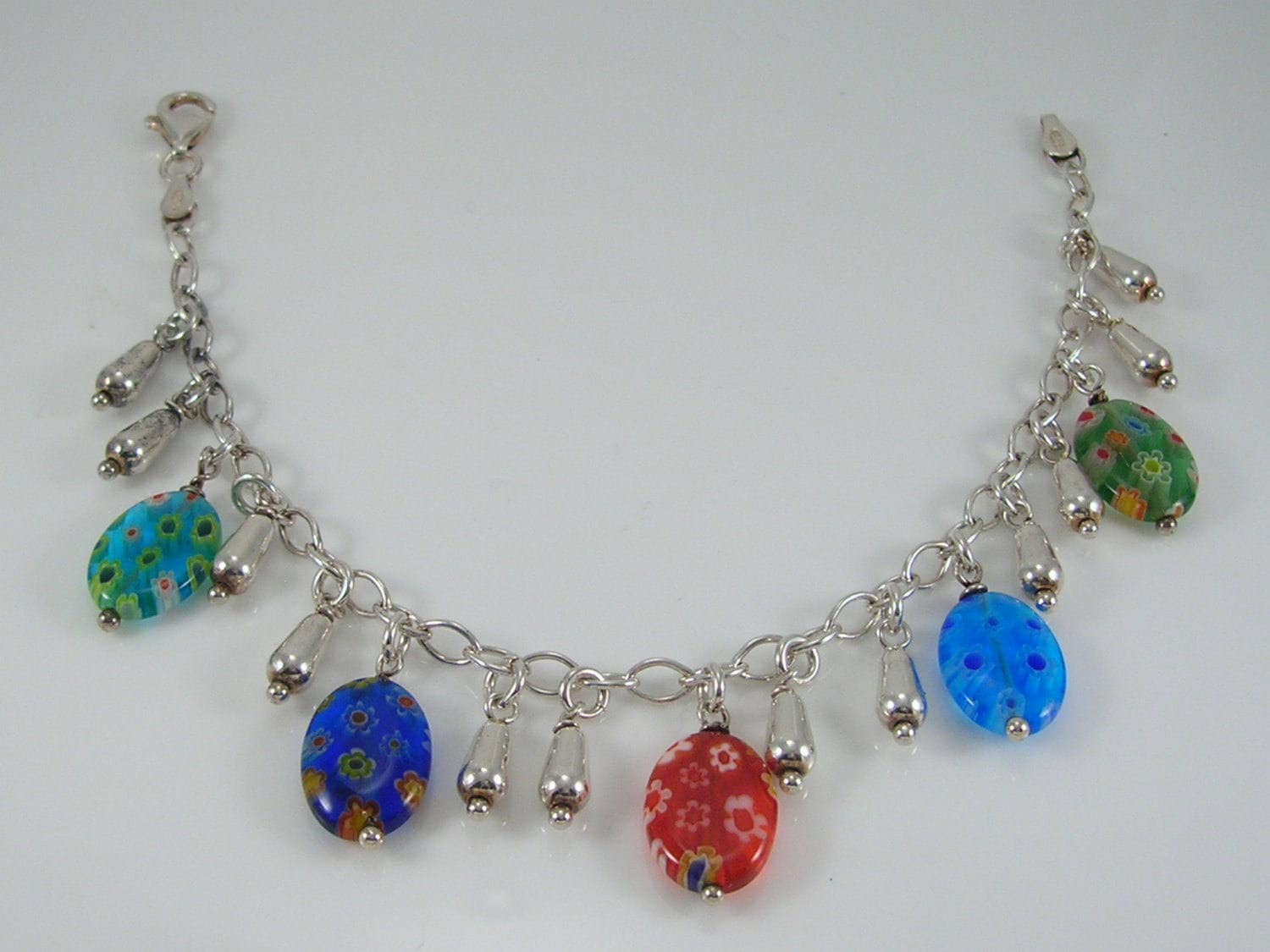 Vintage Sterling Silver Millefiori Glass & Droplet Bracelet H/MK