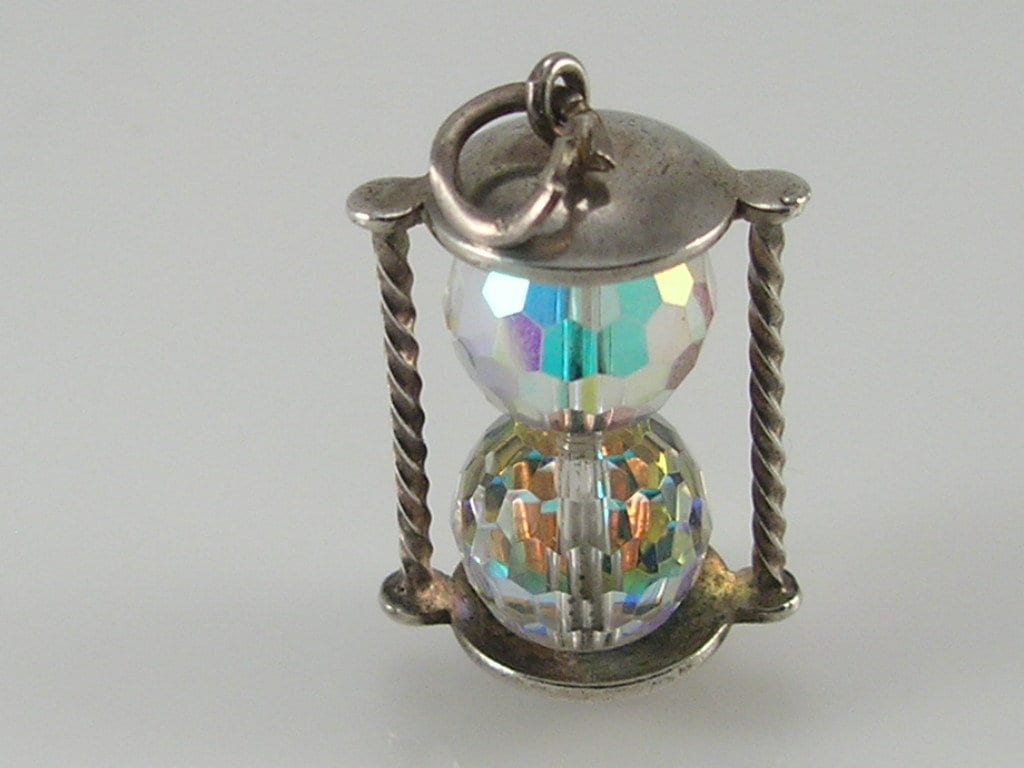 Vintage 3D sterling silver aurora borealis glass hour glass/egg timer charm